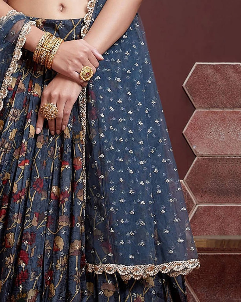 Navy Blue Mirror Work blouse with Printed lehenga