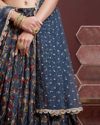 Navy Blue Mirror Work blouse with Printed lehenga