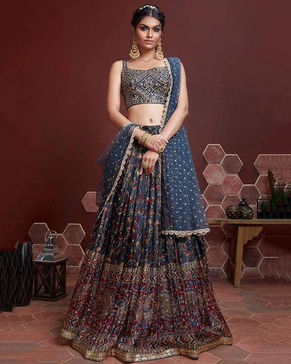 Navy Blue Mirror Work blouse with Printed lehenga