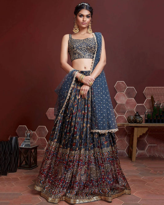 Navy Blue Mirror Work blouse with Printed lehenga