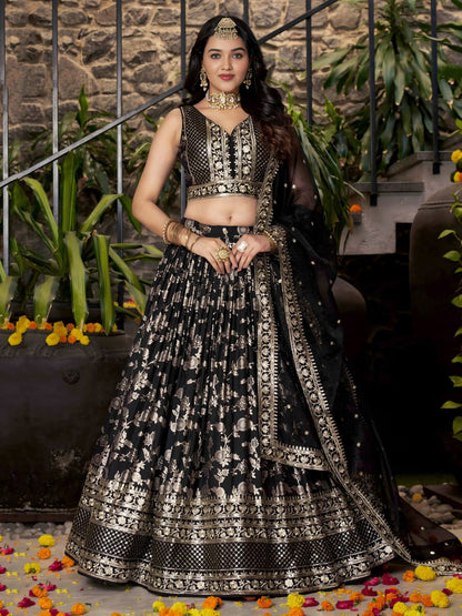 Black Dola Silk Jacquard Lehenga Choli with Dupatta