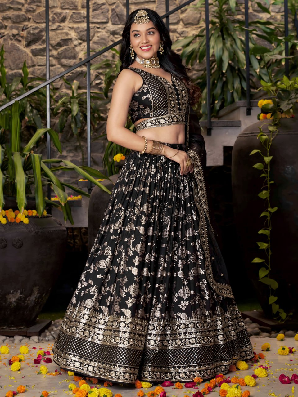 Black Dola Silk Jacquard Lehenga Choli with Dupatta