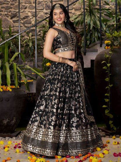Black Dola Silk Jacquard Lehenga Choli with Dupatta