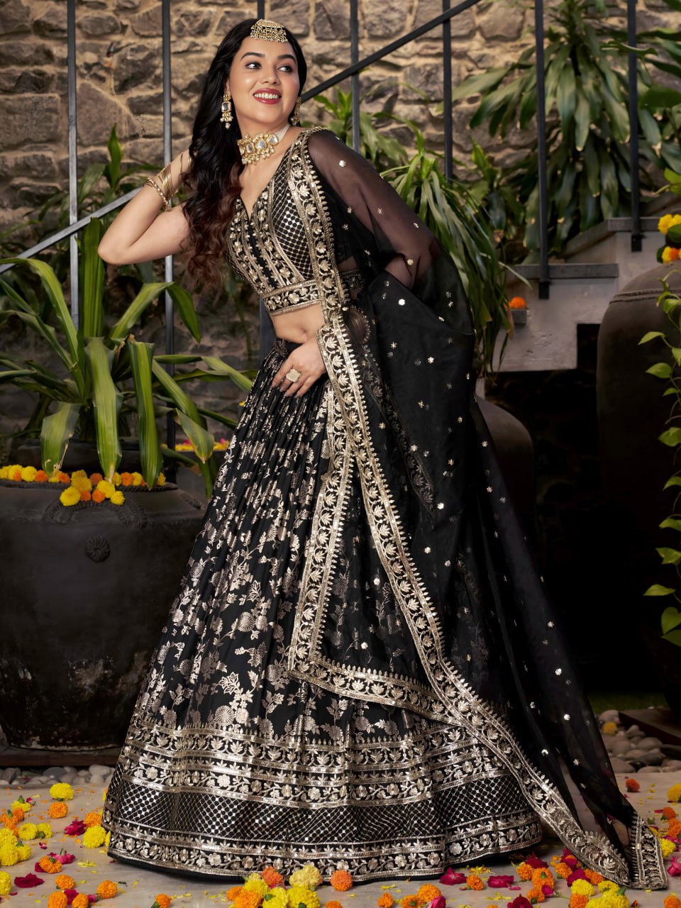 Black Dola Silk Jacquard Lehenga Choli with Dupatta