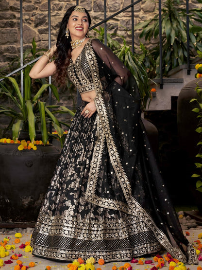 Black Dola Silk Jacquard Lehenga Choli with Dupatta