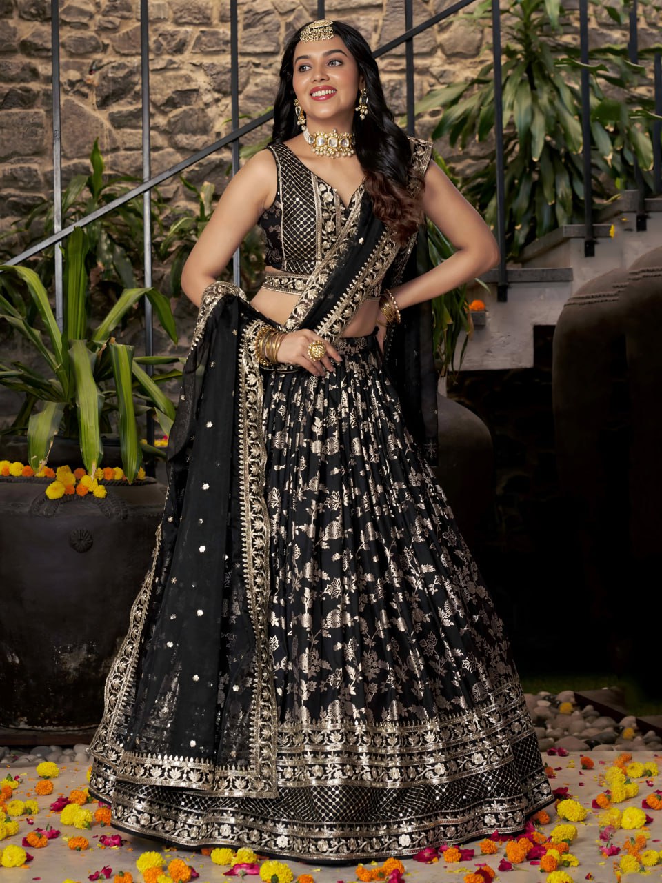 Black Dola Silk Jacquard Lehenga Choli with Dupatta