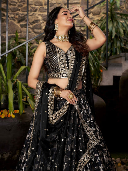 Black Dola Silk Jacquard Lehenga Choli with Dupatta