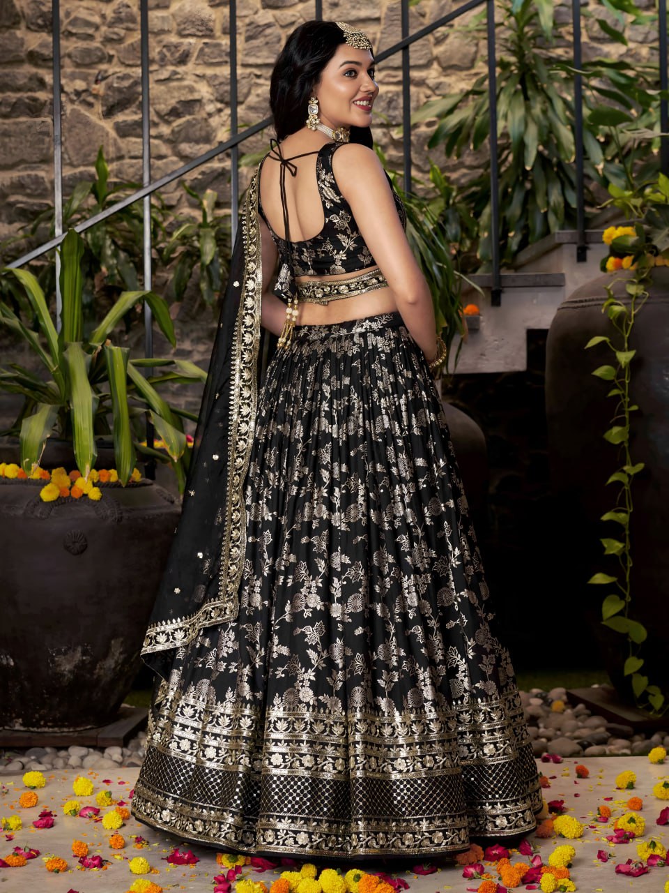 Black Dola Silk Jacquard Lehenga Choli with Dupatta