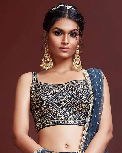 Navy Blue Mirror Work blouse with Printed lehenga