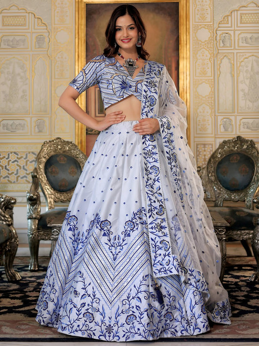 White and Blue Embroidered Lehenga Choli with Dupatta for Wedding & Party