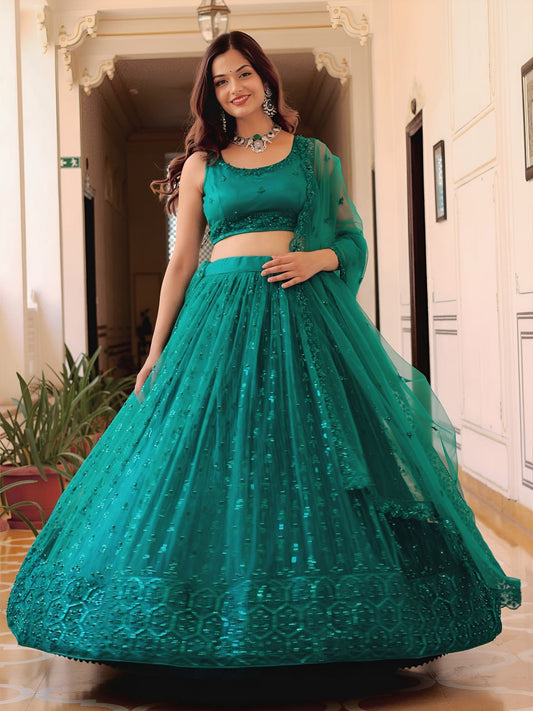 Party Wear Teal Green Embroidered Net Lehenga Choli with Dupatta