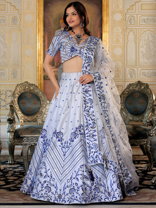 White and Blue Embroidered Lehenga Choli with Dupatta for Wedding & Party
