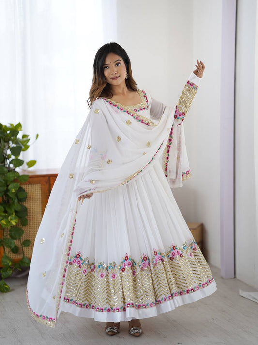 Festive White Anarkali Gown with Floral Embroidery & Golden Sequin