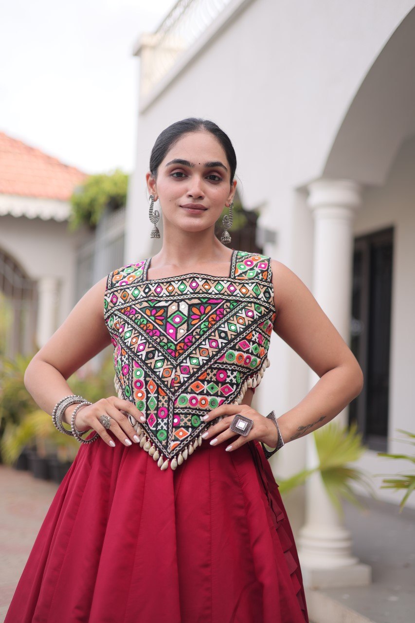 Maroon Roman Lehenga with Kutchi Gamthi Embroidered Blouse