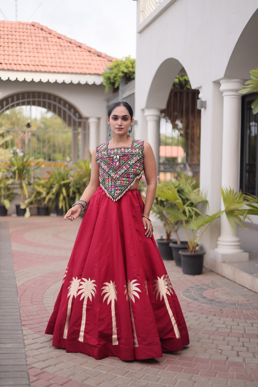 Maroon Roman Lehenga with Kutchi Gamthi Embroidered Blouse