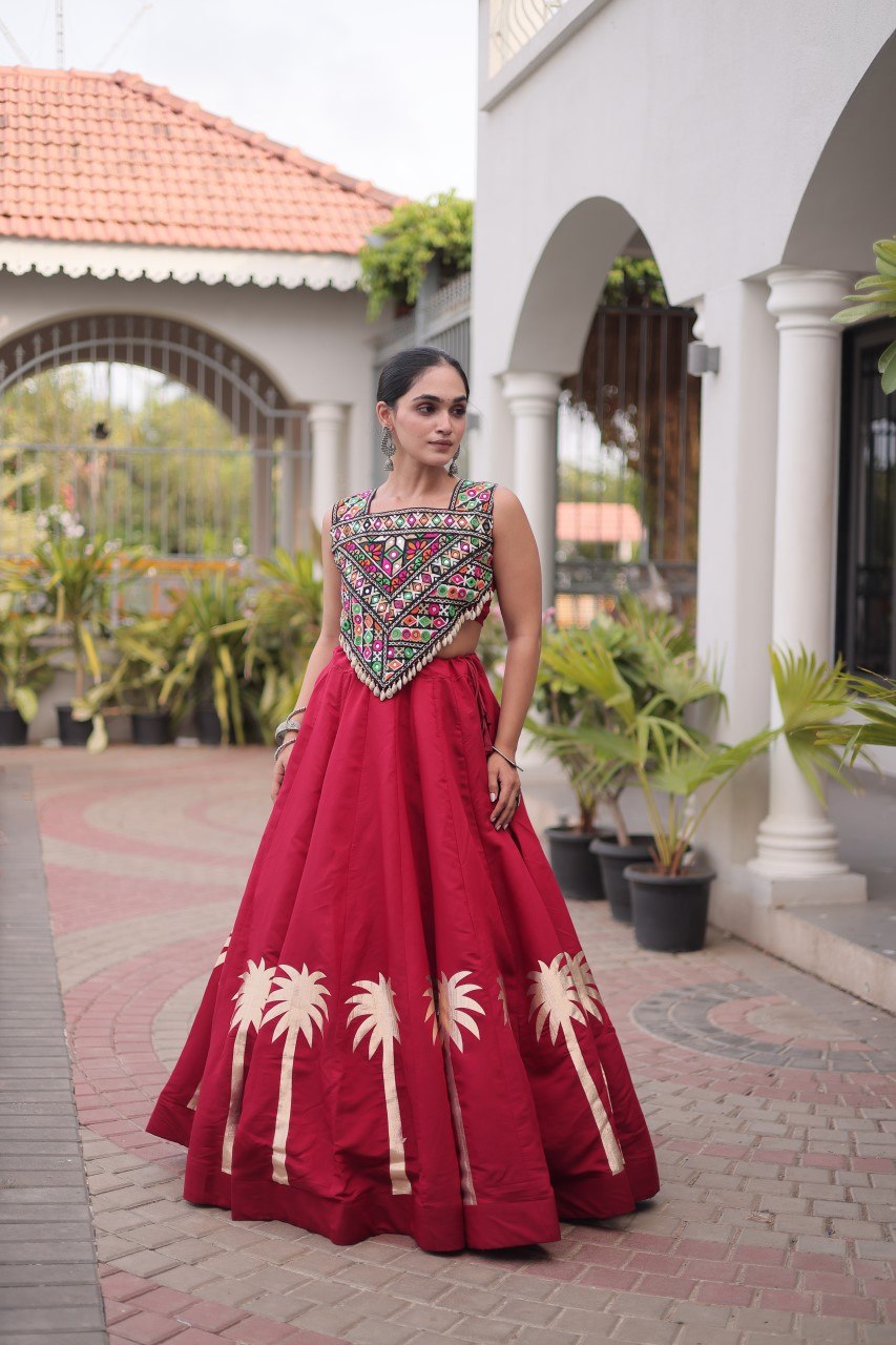 Maroon Roman Lehenga with Kutchi Gamthi Embroidered Blouse