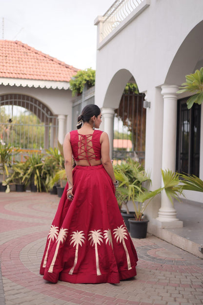 Maroon Roman Lehenga with Kutchi Gamthi Embroidered Blouse