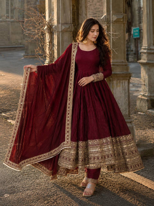 Traditional Maroon Ethnic Gown with Dupatta for Wedding Functions