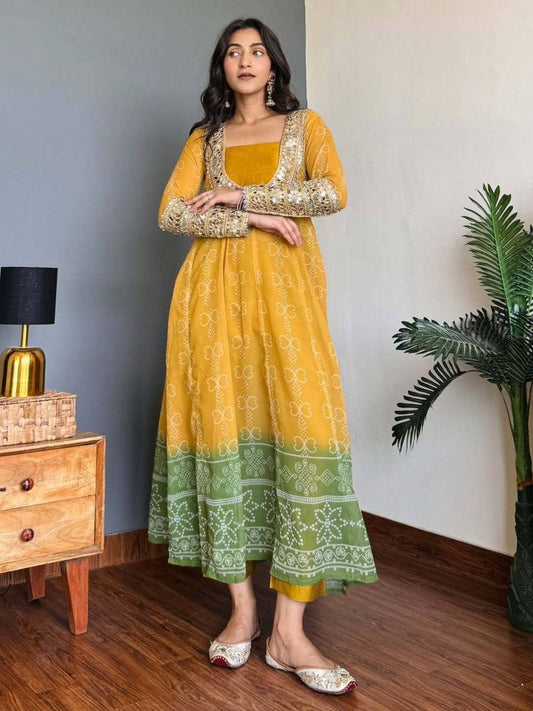 Mustard Yellow Bandhani Anarkali Dress with Embroidery & Mirror Work