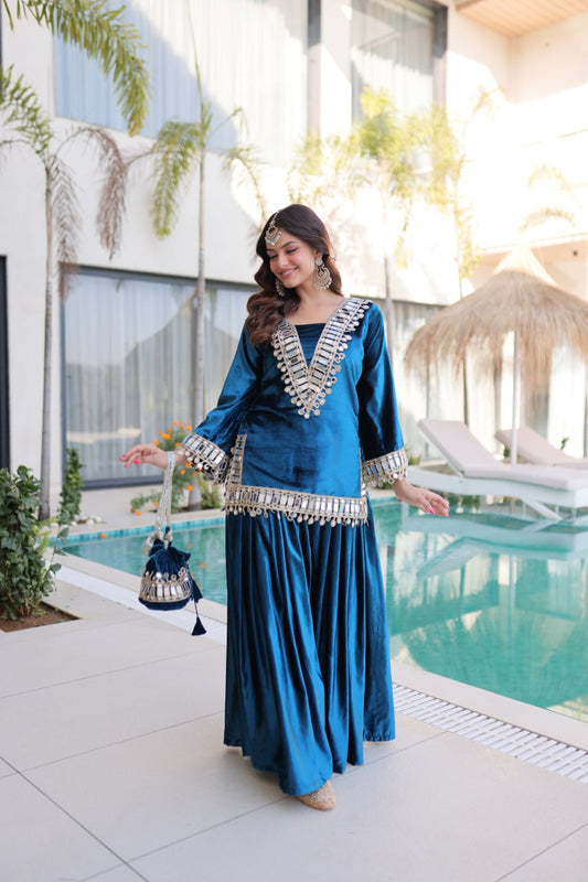 Teal Blue Velvet Mirror Work Palazzo Set with Zari Embroidery & Batwa