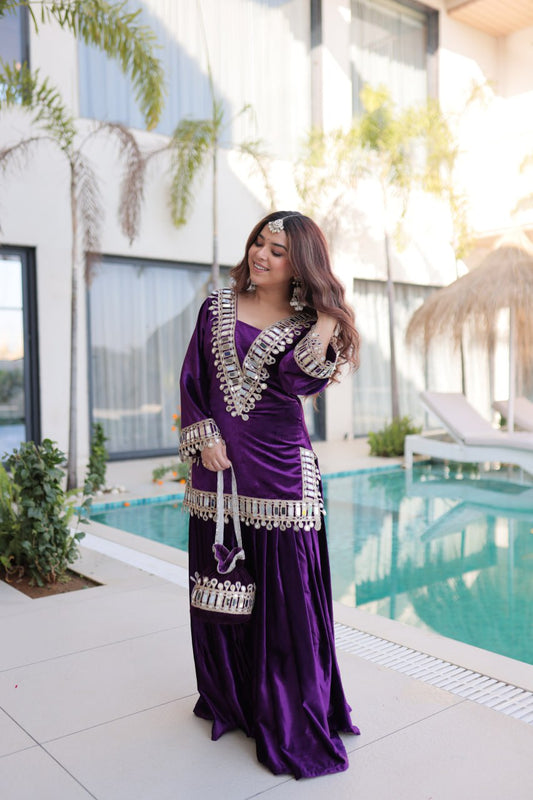 Purple Velvet Mirror Work Palazzo Set with Zari Embroidery & Batwa