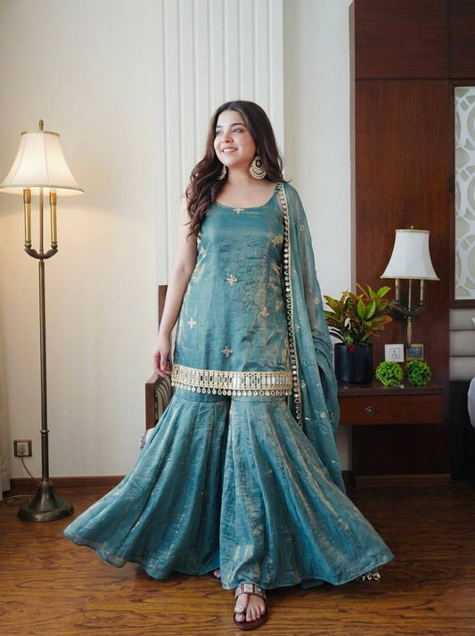 Sea Green Fendy Silk Sharara Suit with Mirror Work Dupatta