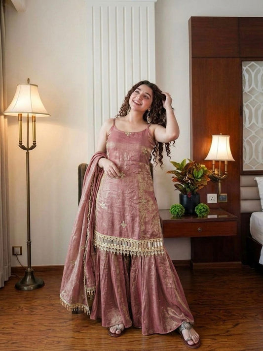 Dusty Rose Fendy Silk Sharara Suit with Mirror Work Dupatta