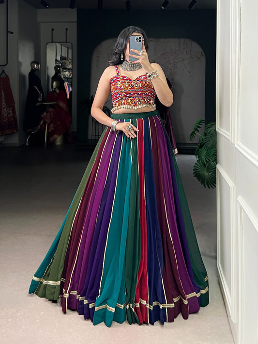 Multicolor Navratri Lehenga Choli with Kutchi Embroidered Mirror Work Blouse
