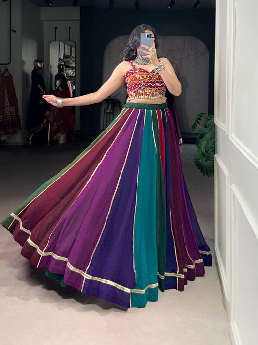 Multicolor Navratri Lehenga Choli with Kutchi Embroidered Mirror Work Blouse