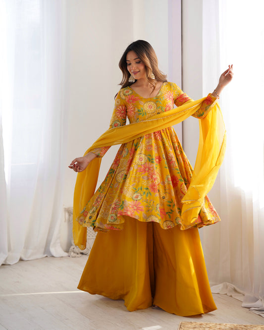 Mustard Yellow Floral Printed Kediya Sharara Set with Dupatta