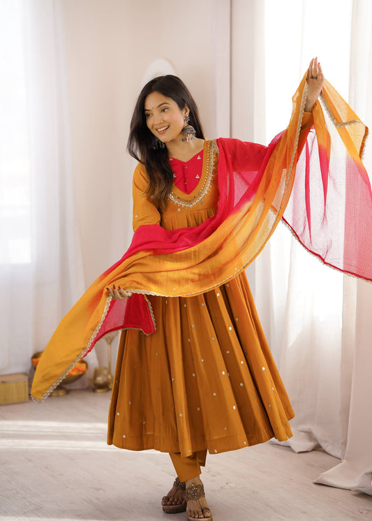 Mustard Yellow Anarkali Suit with Mirror Work Yoke & Pink Dupatta