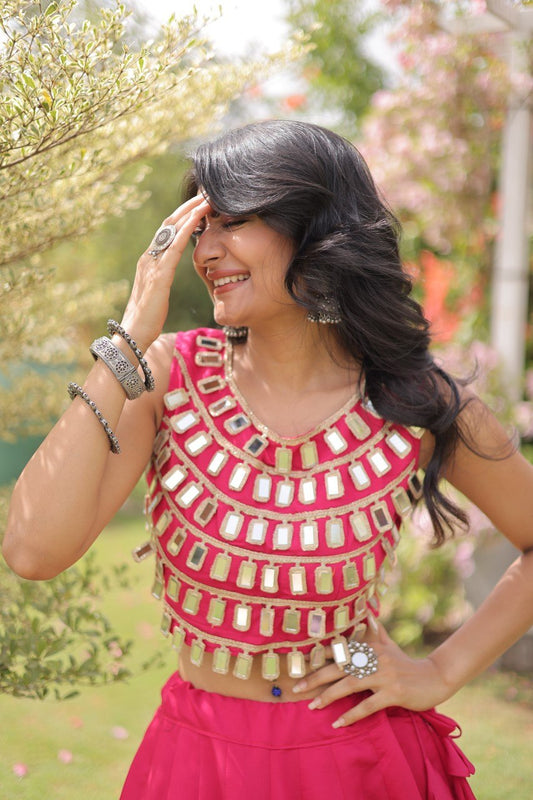 Designer Navratri Special Roman Silk Sleeveless Mirror Lace Blouse
