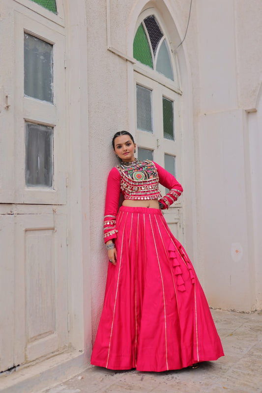 Rani Pink Mirror Work Navratri Lehenga Choli with Kutchi Gamthi Blouse