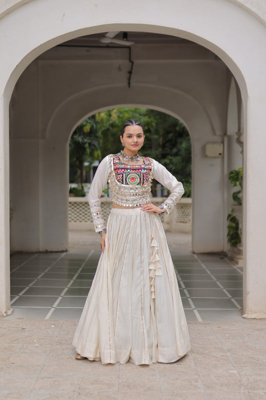 Off White Mirror Work Navratri Lehenga Choli with Kutchi Gamthi Blouse