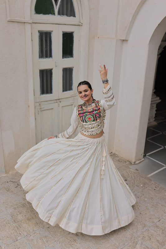 Off White Mirror Work Navratri Lehenga Choli with Kutchi Gamthi Blouse