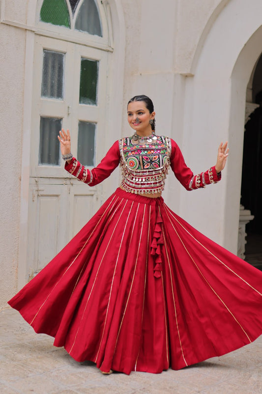 Maroon Mirror Work Navratri Lehenga Choli with Kutchi Gamthi Blouse