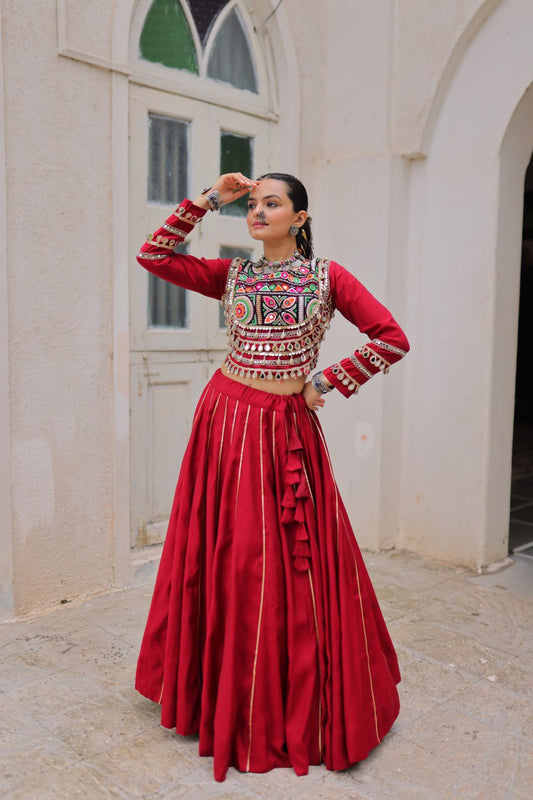 Maroon Mirror Work Navratri Lehenga Choli with Kutchi Gamthi Blouse