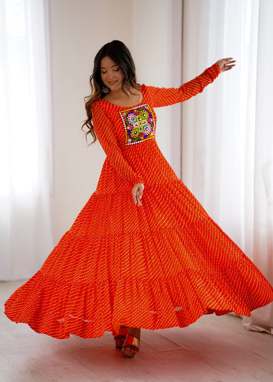 Orange Leheriya Navratri Anarkali Gown with Kutchi Embroidery Yoke