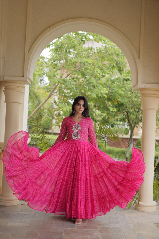 Hot Pink Leheriya Print Gown with Kutchi Patchwork