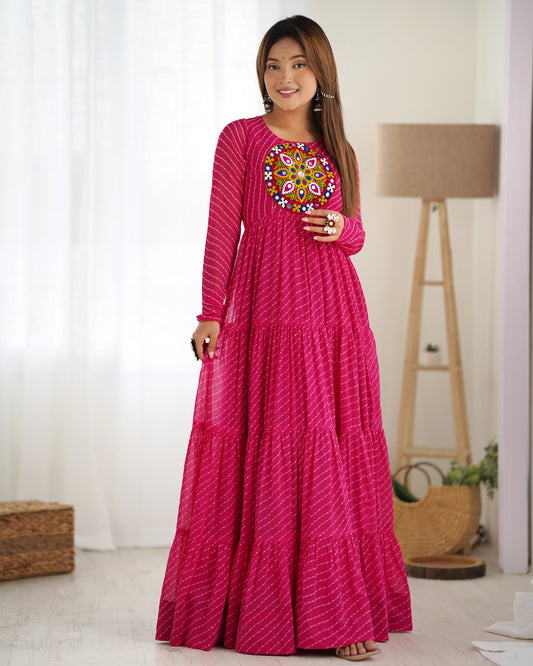 Pink Flared Anarkali Dress with Round Kutchi Embroidered Yoke