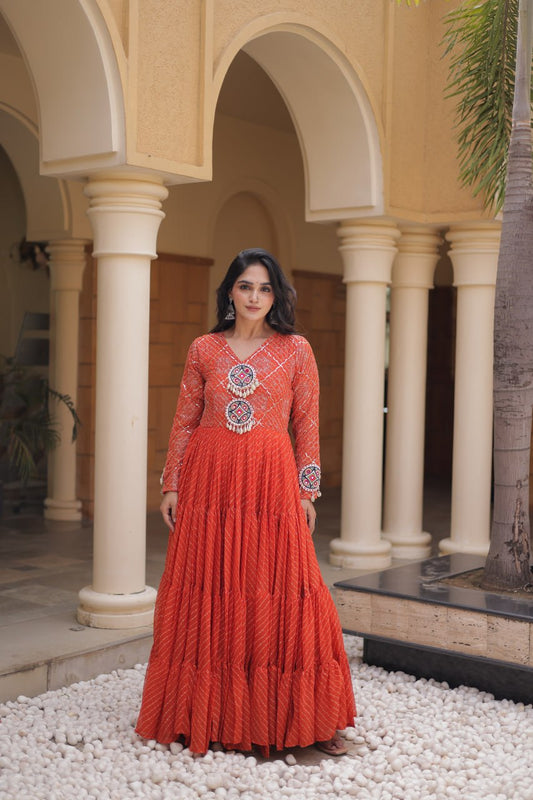 Orange Laheriya Anarkali Gown with Kutchi Patchwork