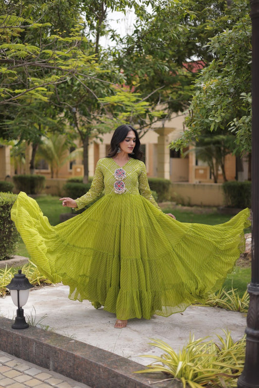 Green Laheriya Anarkali Gown with Kutchi Patchwork