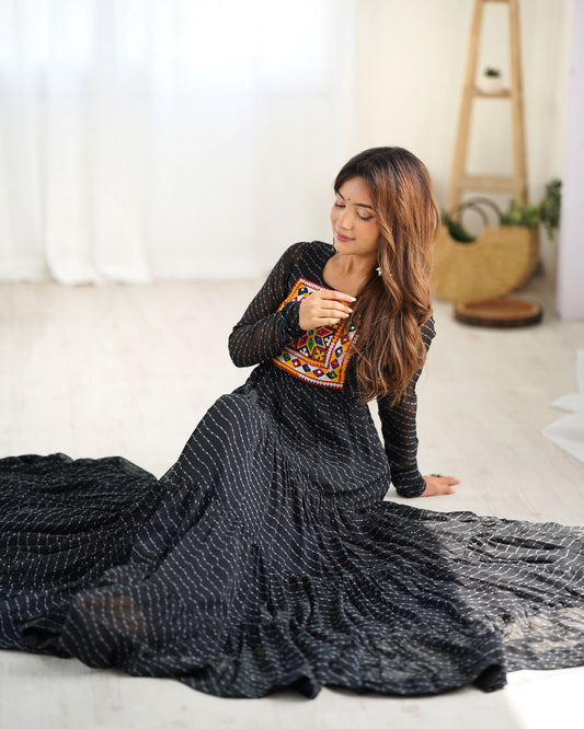 Black Leheriya Navratri Anarkali Gown with Kutchi Embroidery Yoke