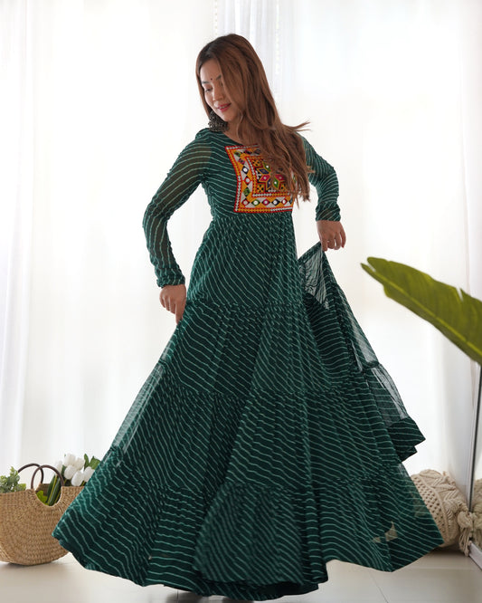 Dark Green Leheriya Navratri Anarkali Gown with Kutchi Embroidery Yoke
