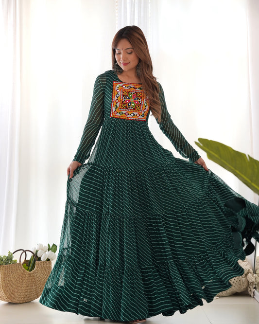 Dark Green Leheriya Navratri Anarkali Gown with Kutchi Embroidery Yoke