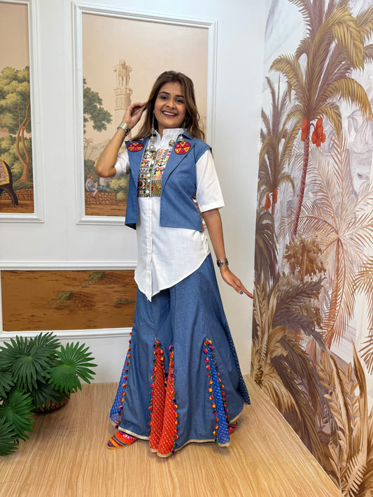 Navratri Indo-Western Palazzo with Embroidered Kutch Jacket and White Shirt