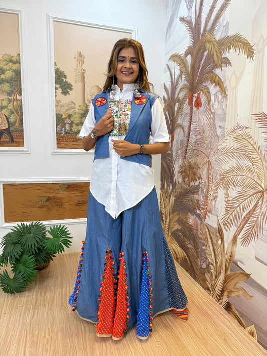 Navratri Indo-Western Palazzo with Embroidered Kutch Jacket and White Shirt
