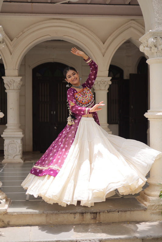Designer Purple Kutchi Mirror Work Kurti with Flared White Lehenga