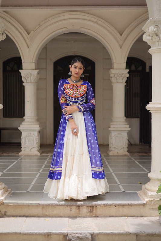 Royal Blue Kutchi Mirror Work Kurti with White Lehenga