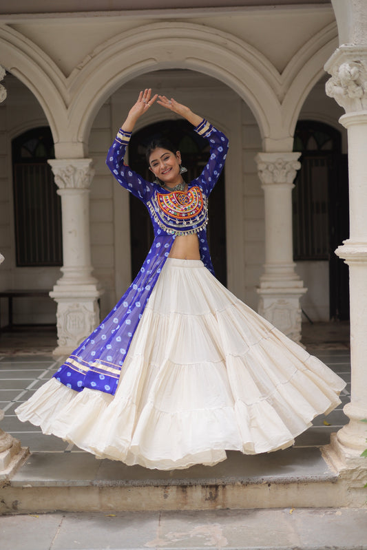 Royal Blue Kutchi Mirror Work Kurti with White Lehenga
